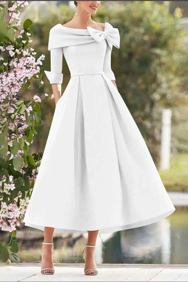 A Line Cowl Neck 3/4 Sleeves Tea Length Elegant Mother Dresses CM0348