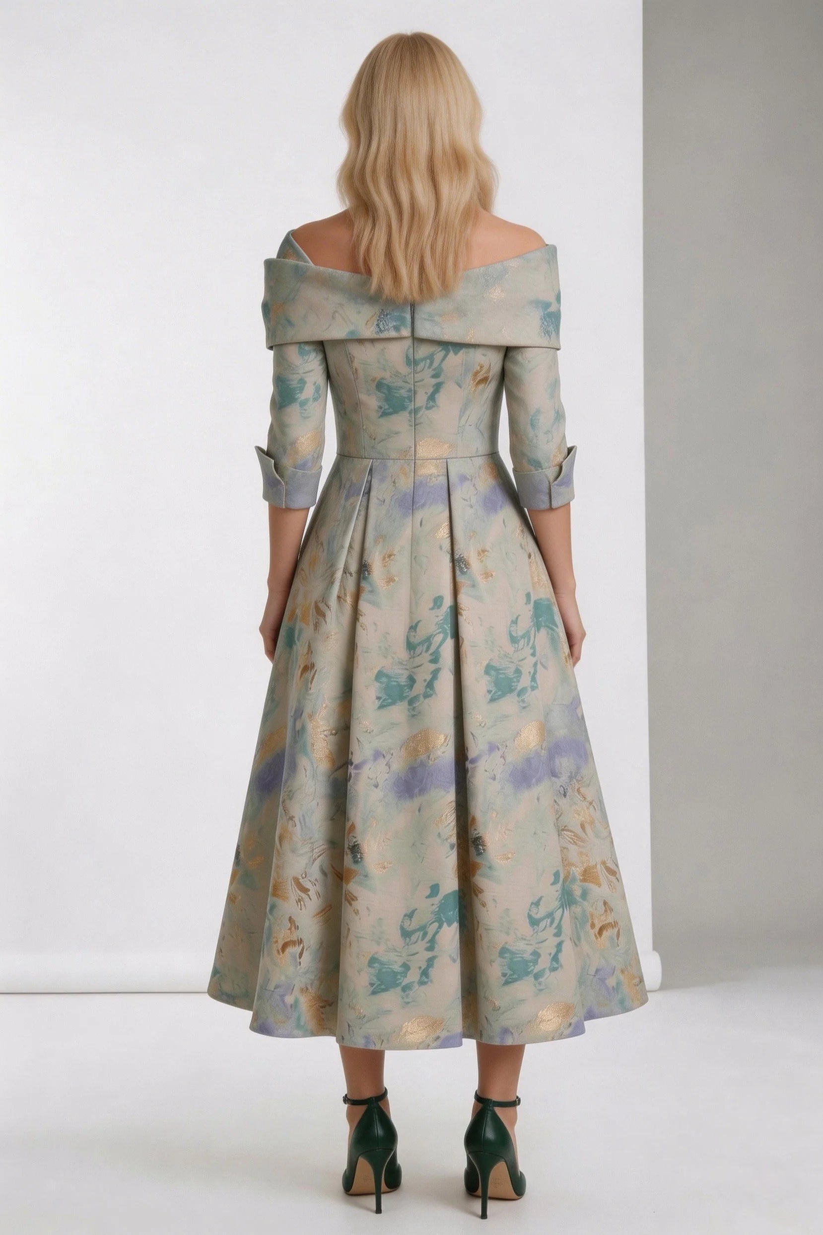 A-Line Tea-Length Jacquard Mother of the Bride Dress CM0418