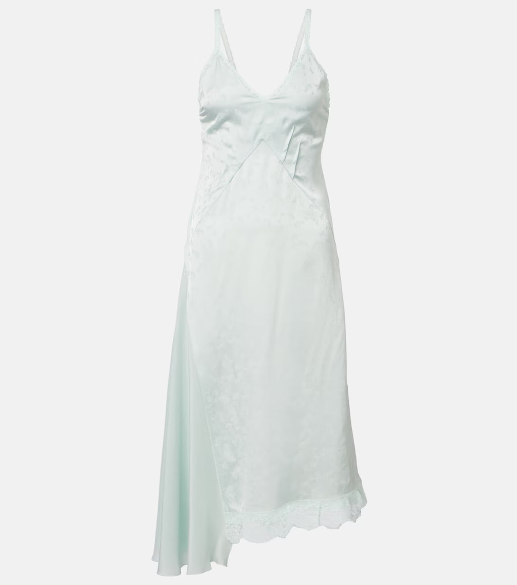 Asymmetric lace-trimmed jacquard slip dress