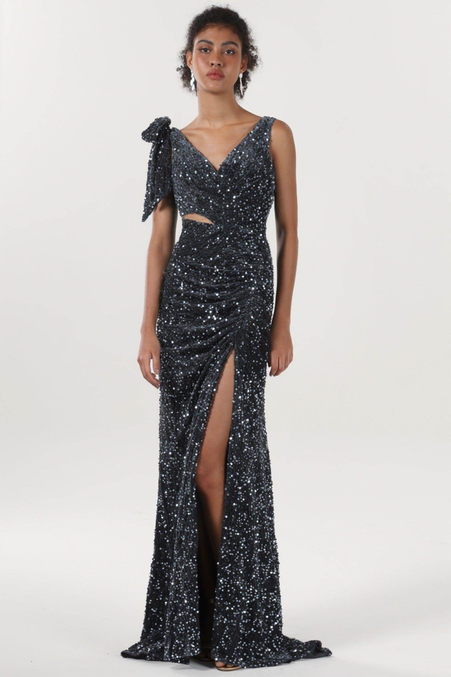 Sheath-Column Sweep-Brush Train Velvet Sequin Formal Dress CS0633