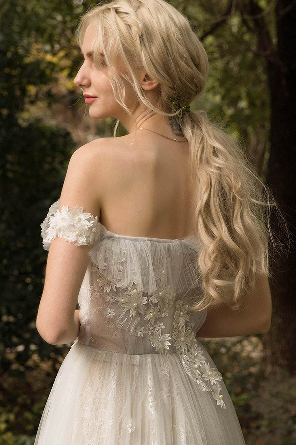 A-Line Sweep-Brush Train Lace Tulle Wedding Dress CW3025