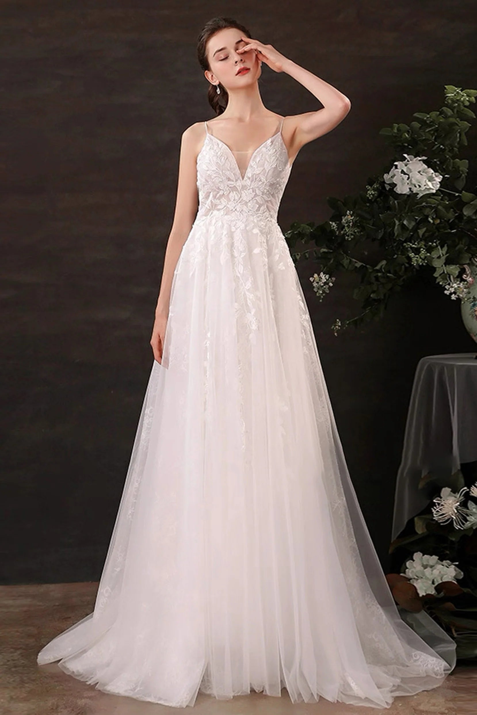 A-Line Floor Length Lace Tulle Wedding Dress CW3119