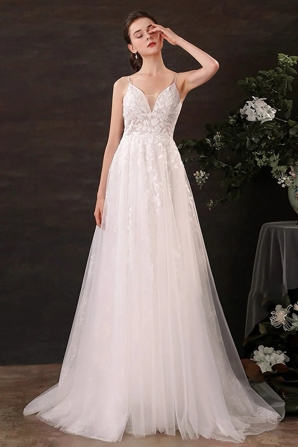A-Line Floor Length Lace Tulle Wedding Dress CW3119