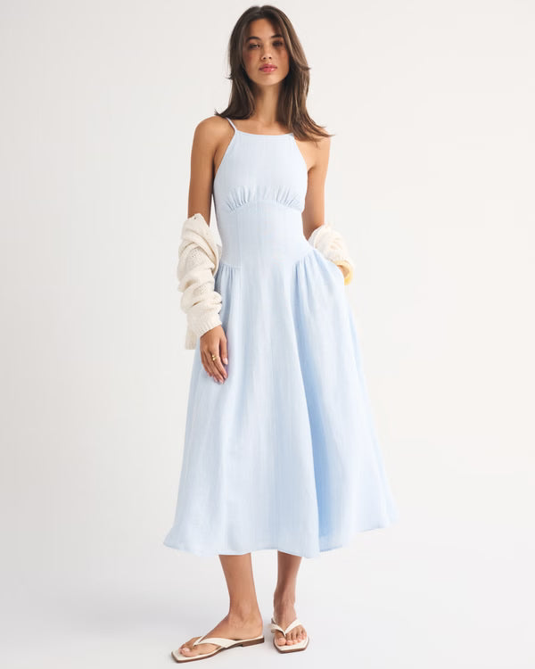 100% Linen A&F Dylan Halter Midi Dress