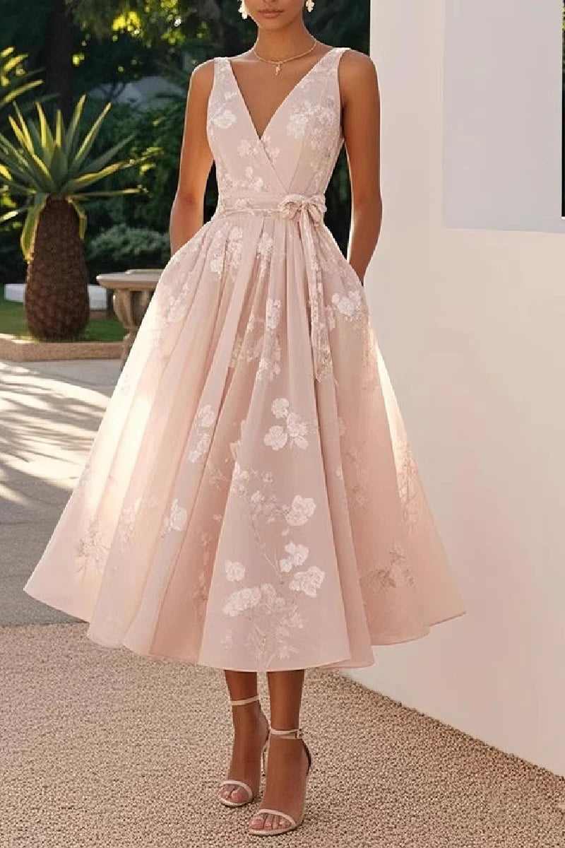 A-Line Tea Length Lace Wedding Guest Dress 936977177647