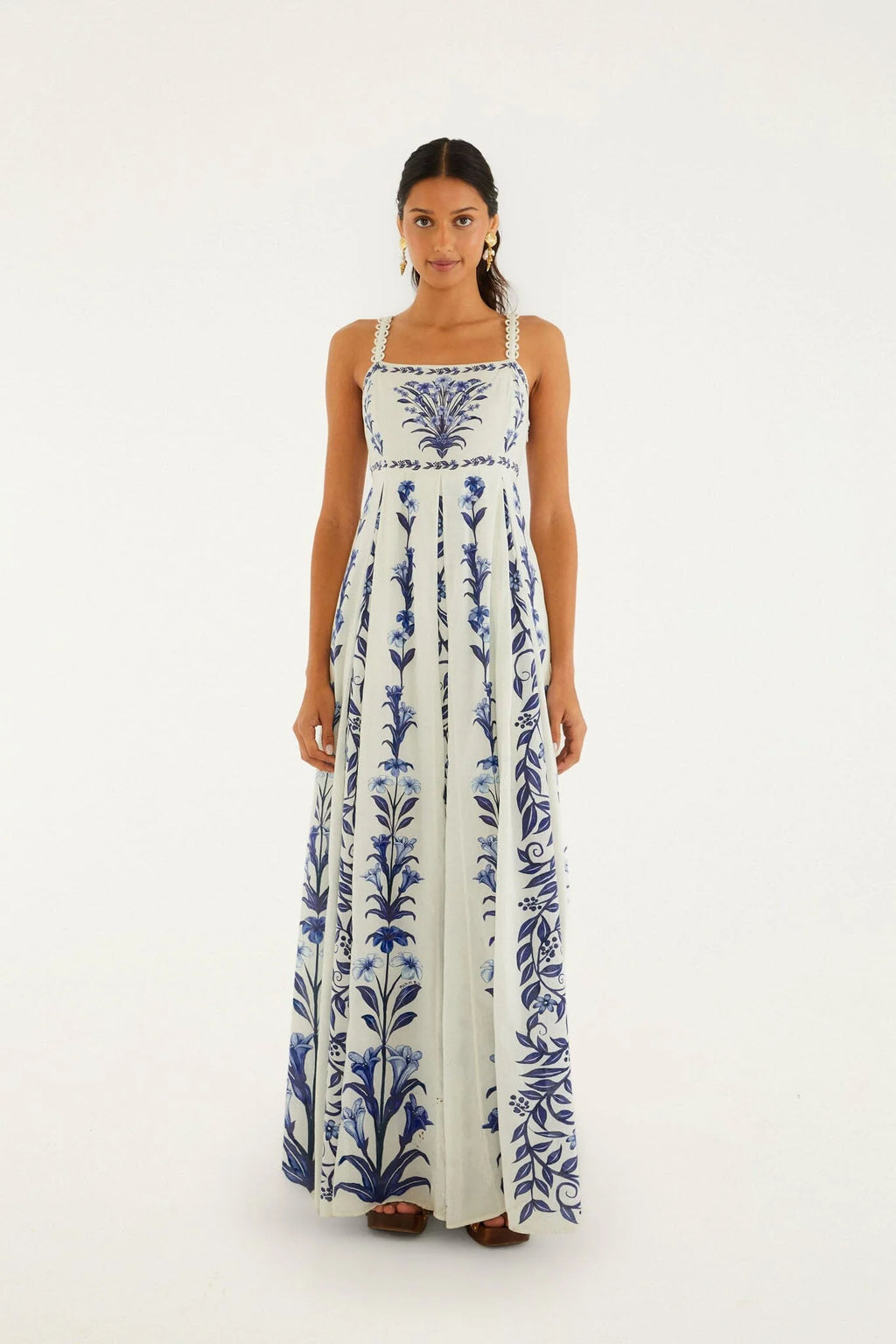 FARM Rio Off-White Flowers Arch Pleats Maxi Dress