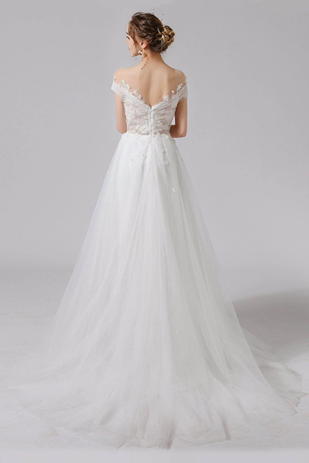 A-Line Sweep-Brush Train Lace Tulle Wedding Dress CW2711