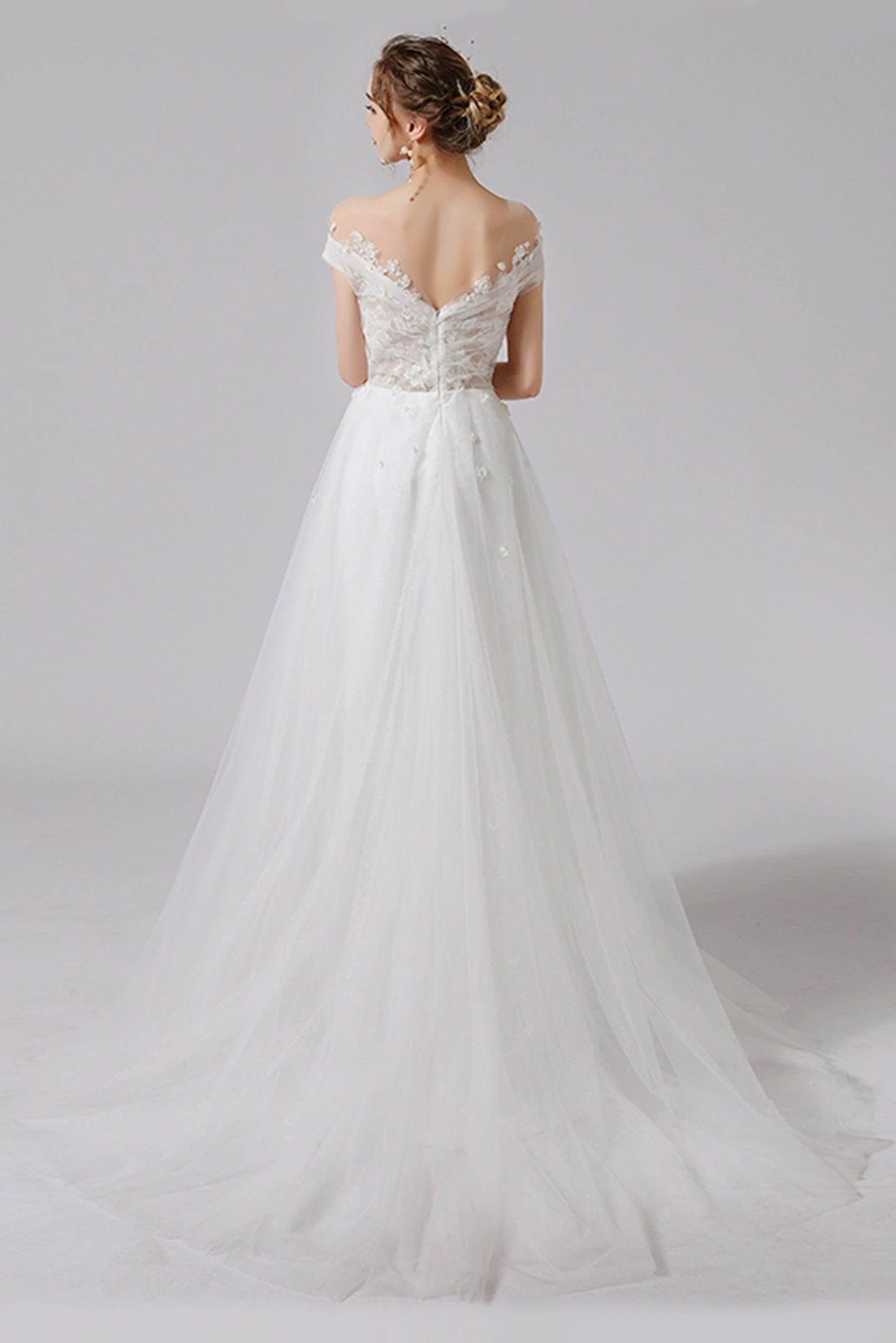 A-Line Sweep-Brush Train Lace Tulle Wedding Dress CW2711