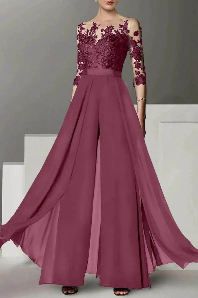 A Line Jewel Neck 3/4 Length Sleeves Floor Length Mother Dresses CM0375
