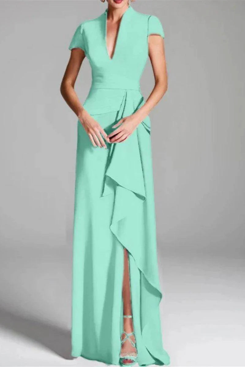 Sheath Column V Neck Short Sleeves Floor Length Mother Dresses CM0377