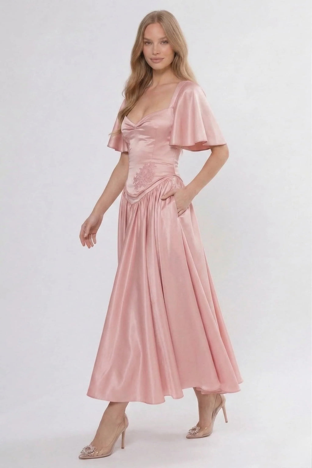 A-Line Ankle Length Soft Satin Wedding Guest Dress CG0317