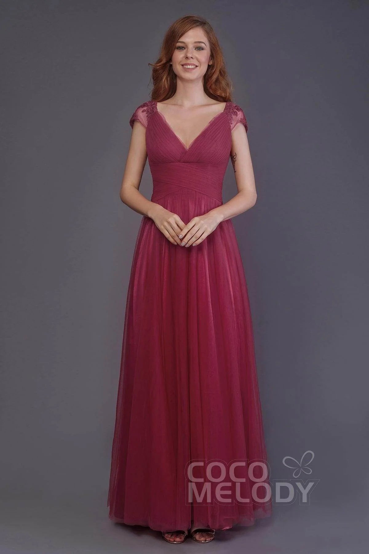 Sheath-Column Floor Length Tulle Bridesmaid Dress PR3510