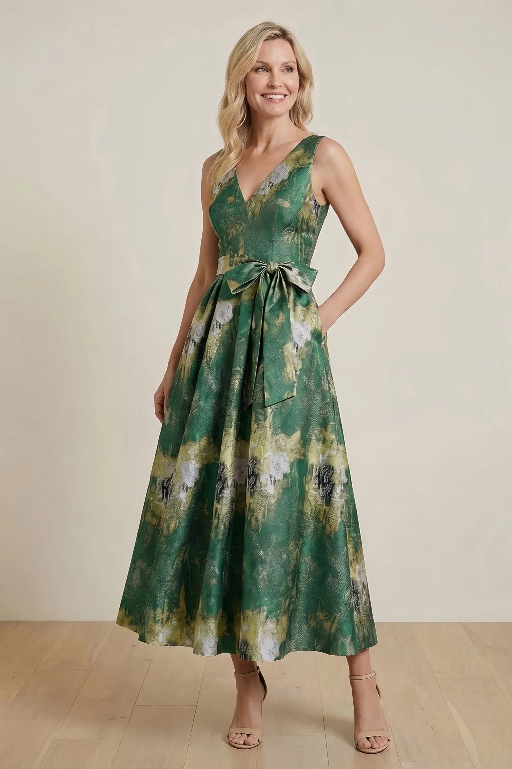 A-Line Tea-Length Jacquard Mother of the Bride Dress CM0425
