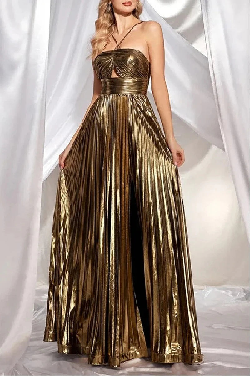 A-Line Floor Length Bronzing Fabric Wedding Guest Dress 860524354429