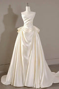 A-Line Sweep-Brush Train Satin Wedding Dress 814546469493