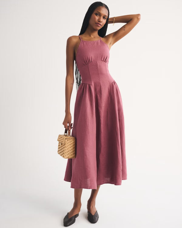 100% Linen A&F Dylan Halter Midi Dress