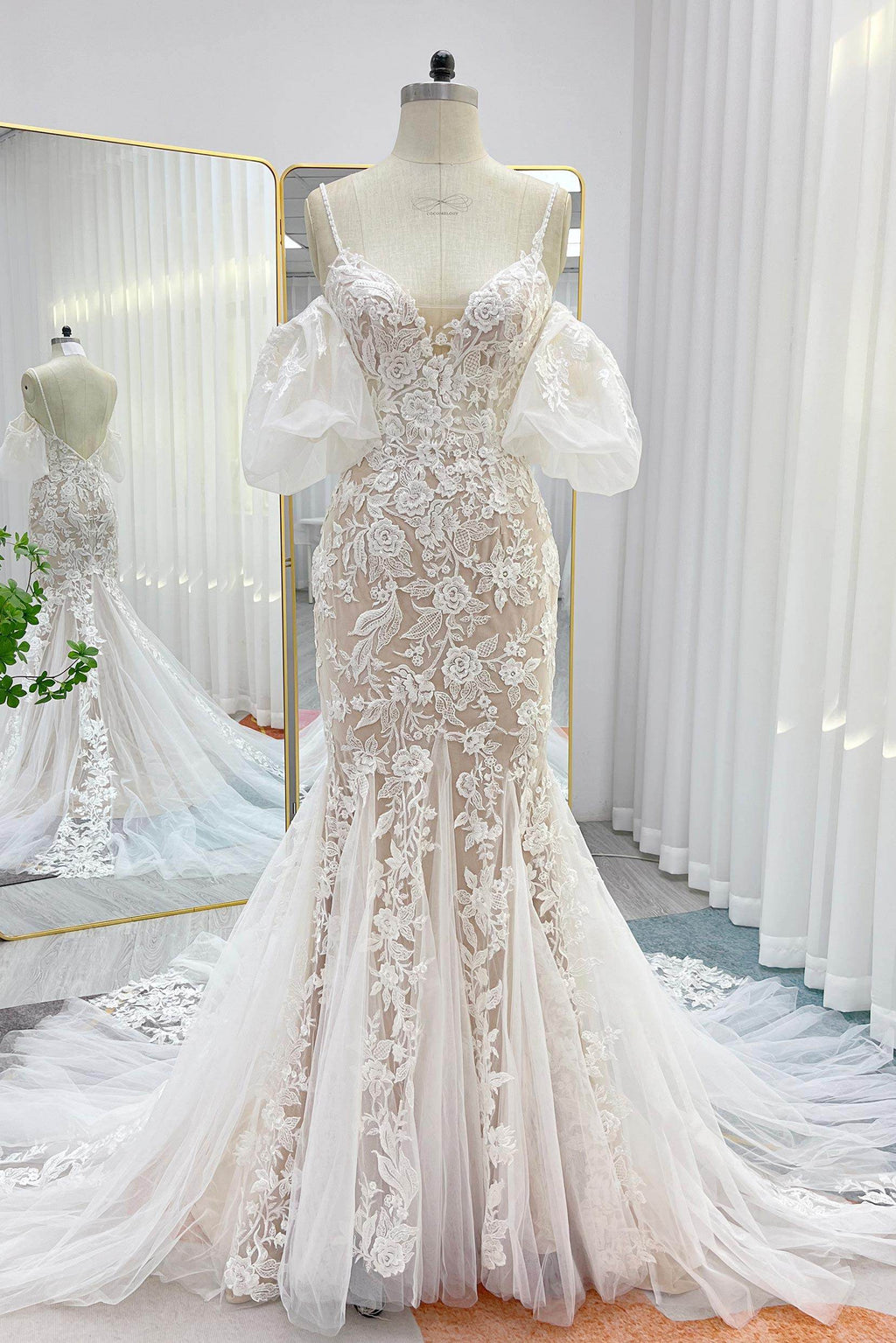 Trumpet-Mermaid Chapel Train Lace Tulle Wedding Dress CW3276