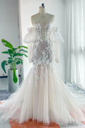 Trumpet-Mermaid Chapel Train Lace Tulle Wedding Dress CW3133
