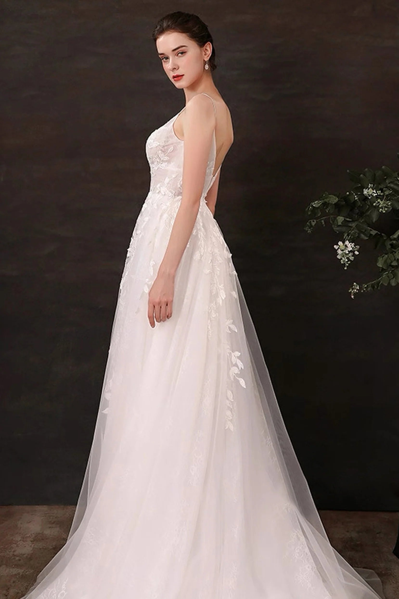 A-Line Floor Length Lace Tulle Wedding Dress CW3119