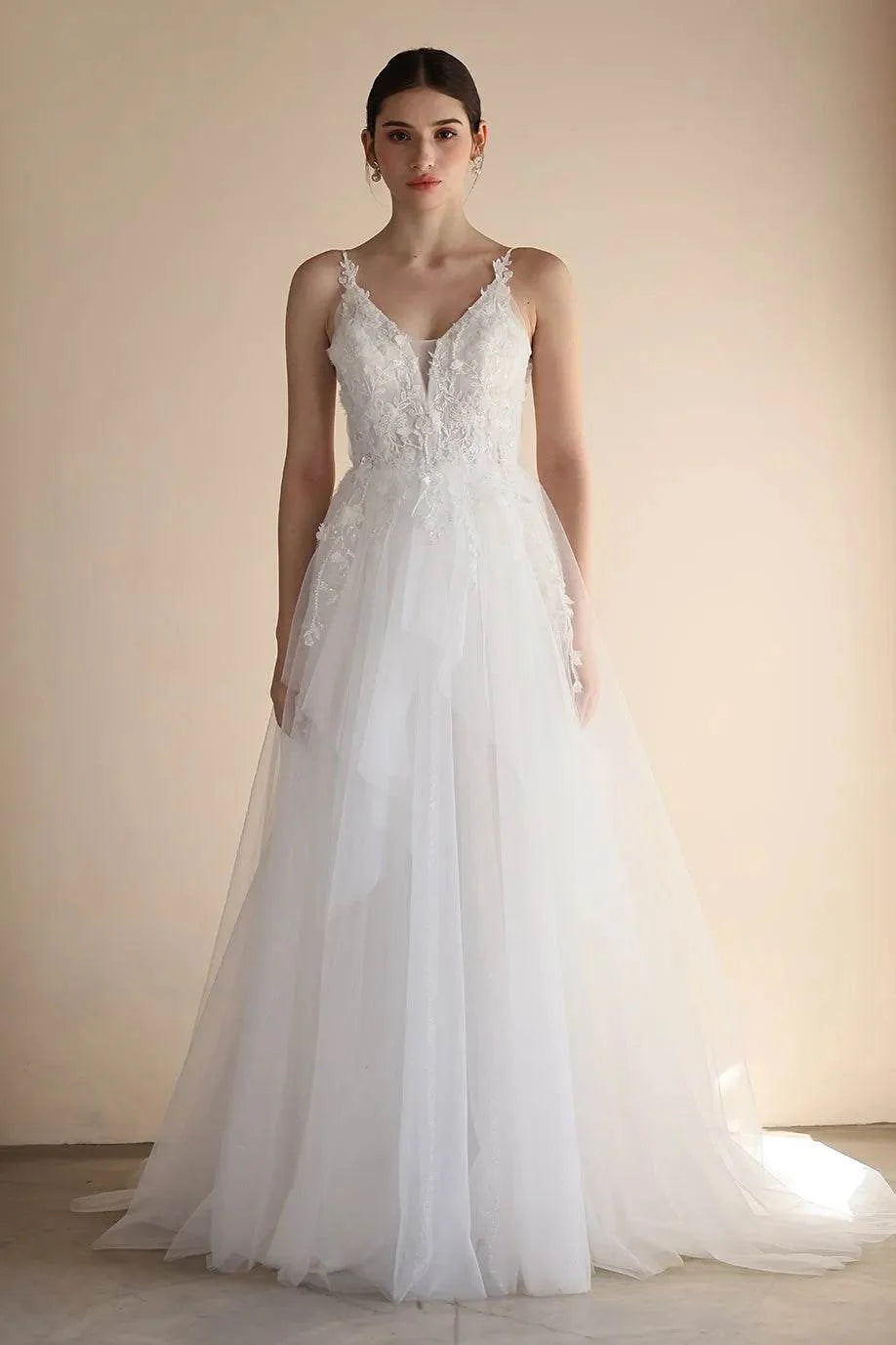 A-Line Sweep-Brush Train Lace Tulle Wedding Dress CW3550