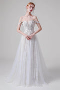 A-Line Sweep-Brush Train Lace Tulle Wedding Dress CW2741