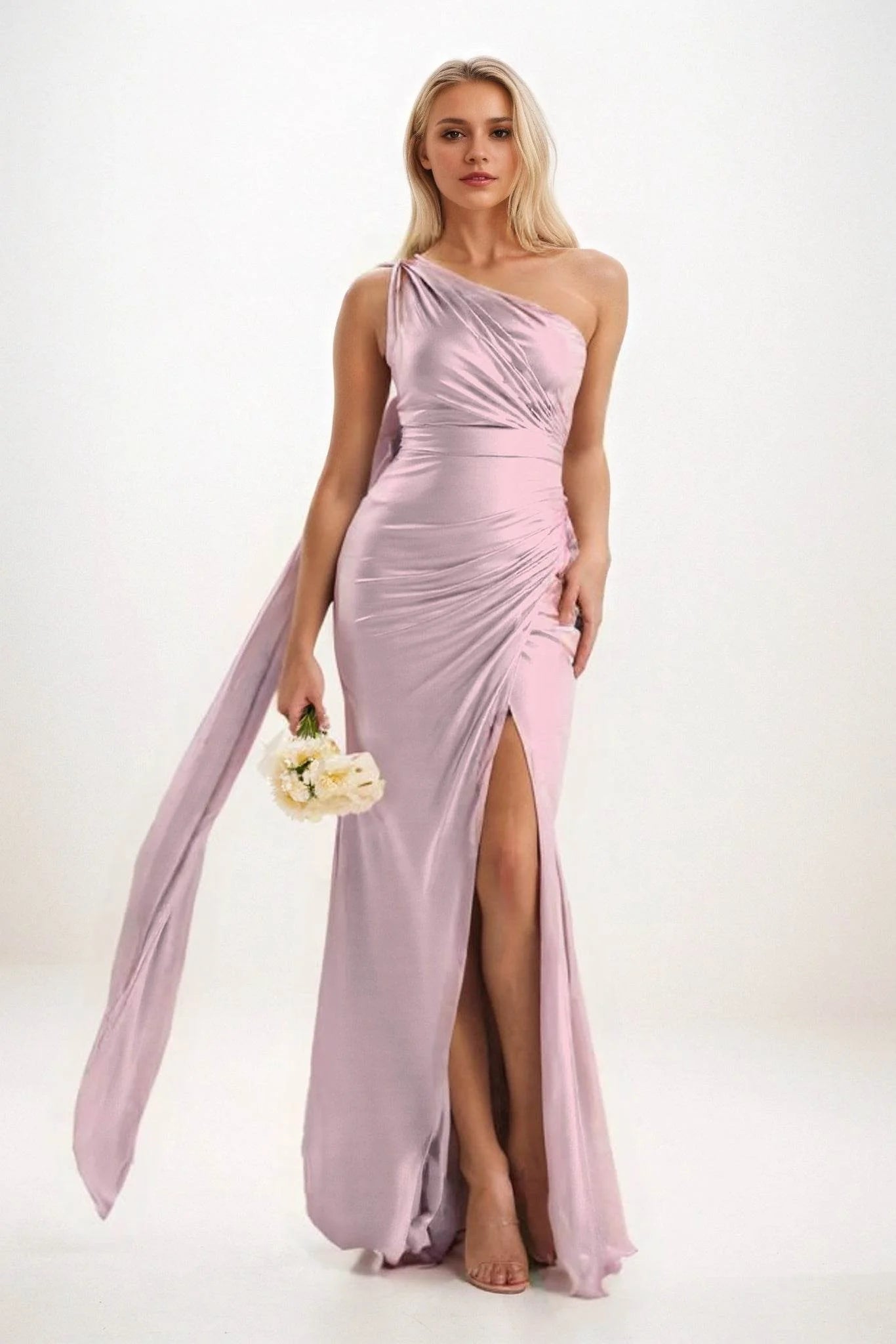 Sheath-Column Sweep-Brush Train Luxe Satin Bridesmaid Dress CB0833