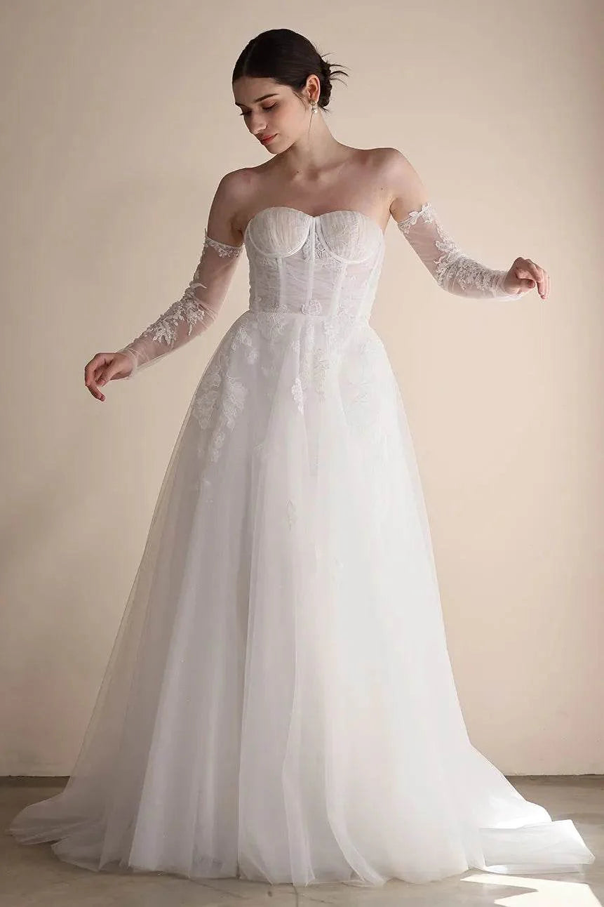 A-Line Sweep-Brush Train Lace Tulle Wedding Dress CW3552