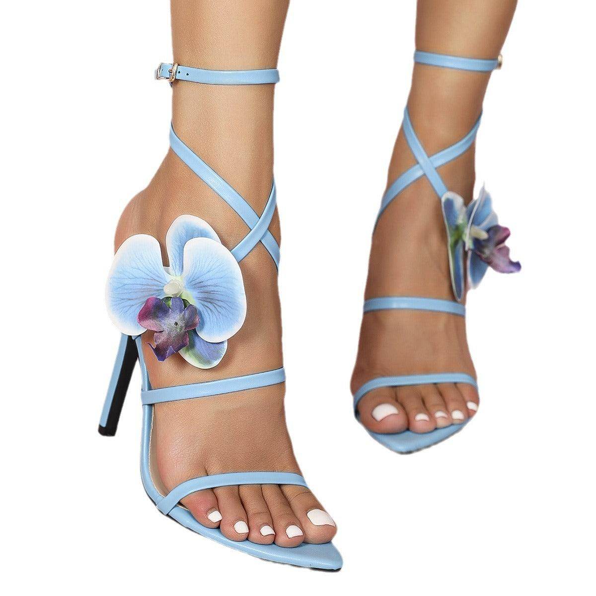 3D Flowers Cross Pointy Stiletto heel Sandals 816637125592