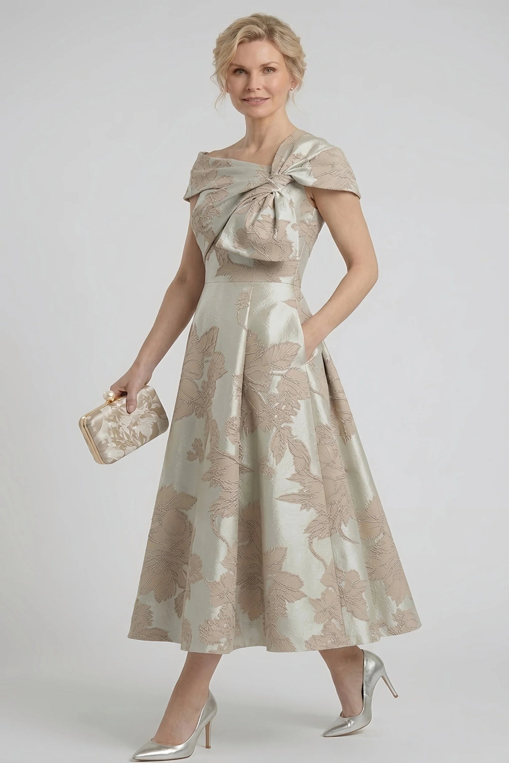 A-Line Tea Length Jacquard Mother of the Bride Dress CM0413