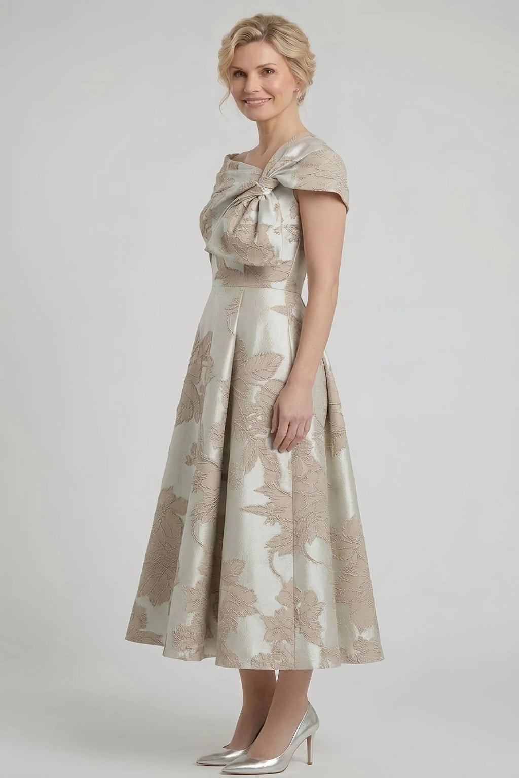 A-Line Tea Length Jacquard Mother of the Bride Dress CM0413