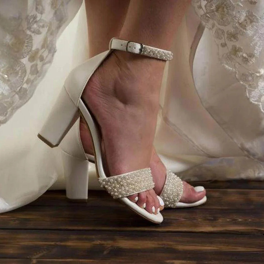 White Pearl Ankle Strap Round Block Heel Sandals 708036540906