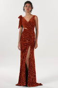 Sheath-Column Sweep-Brush Train Velvet Sequin Bridesmaid Dress CS0633BM