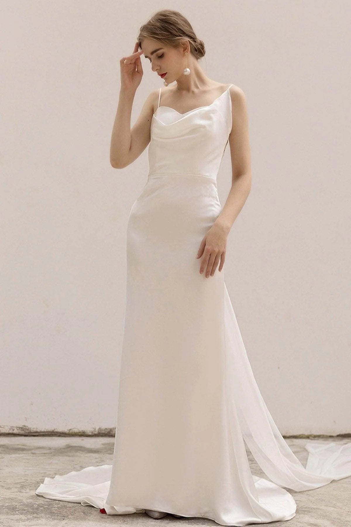 Sheath-Column Sweep-Brush Train Satin Wedding Dress CW3039