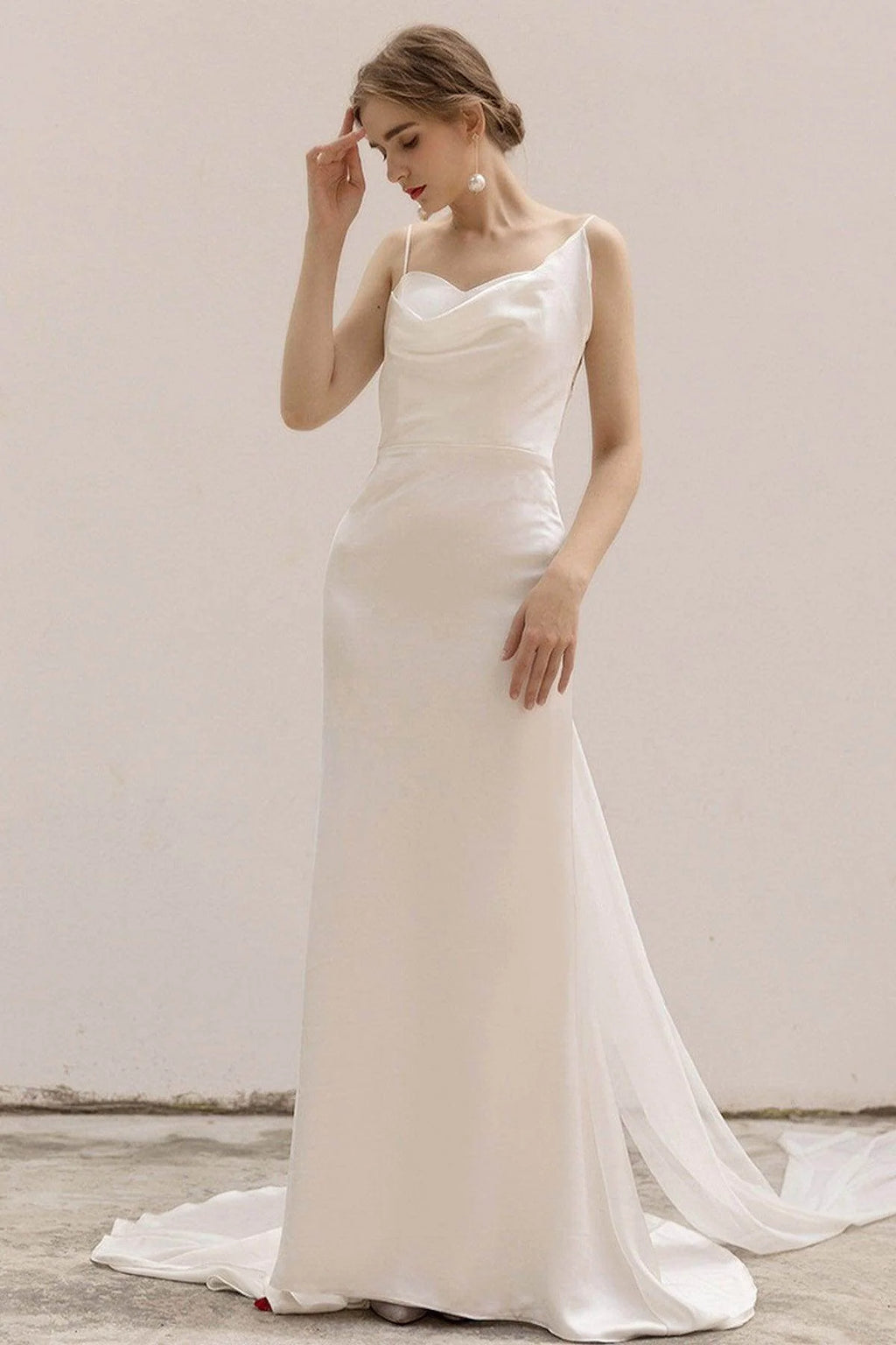 Sheath-Column Sweep-Brush Train Satin Wedding Dress CW3039