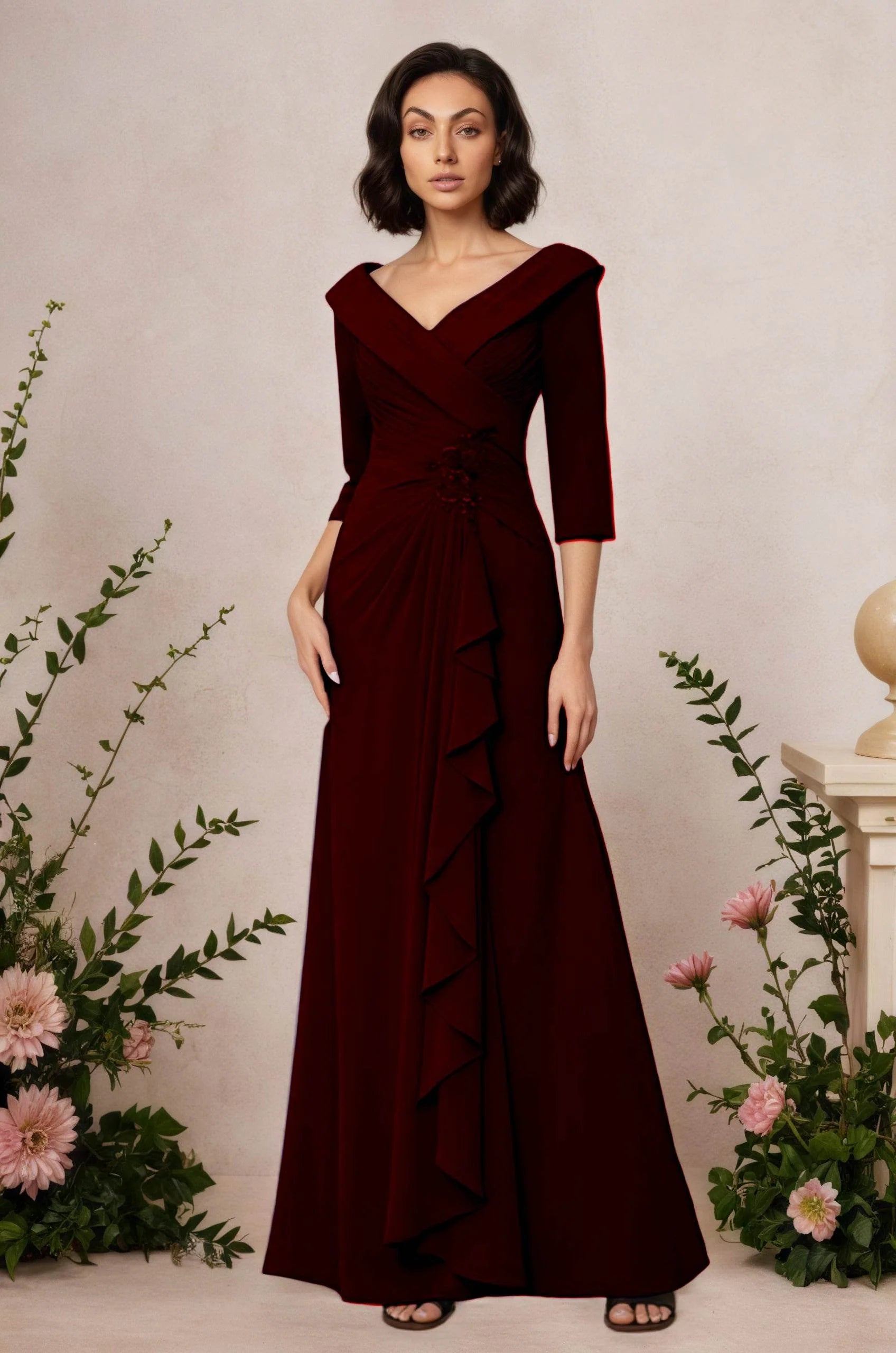 V Neck 3/4 Length Sleeves Floor Length Unique Mother Dresses CM0345