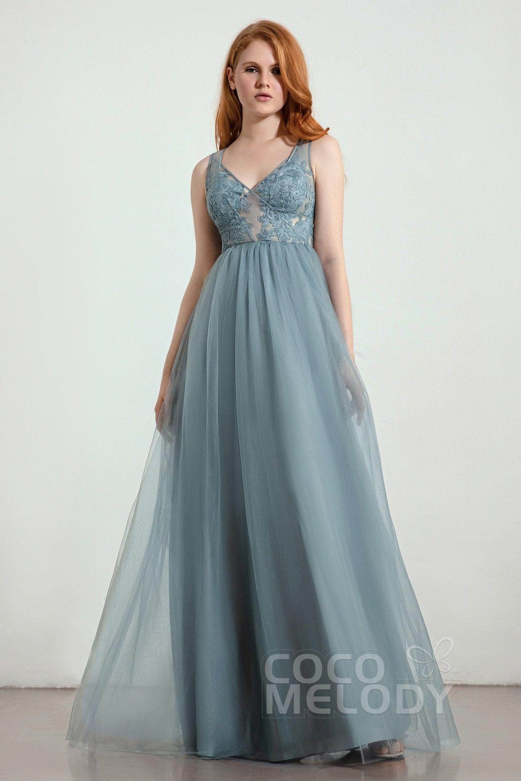 A-Line Floor Length Tulle Lace Bridesmaid Dress CB0438