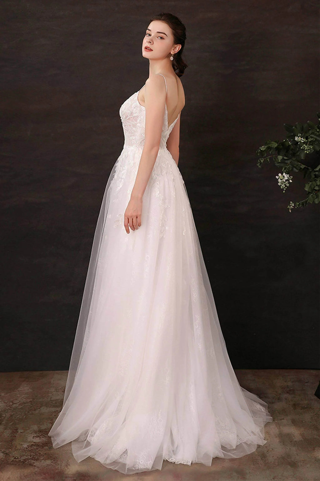 A-Line Sweep-Brush Train Lace Tulle Wedding Dress CW2684