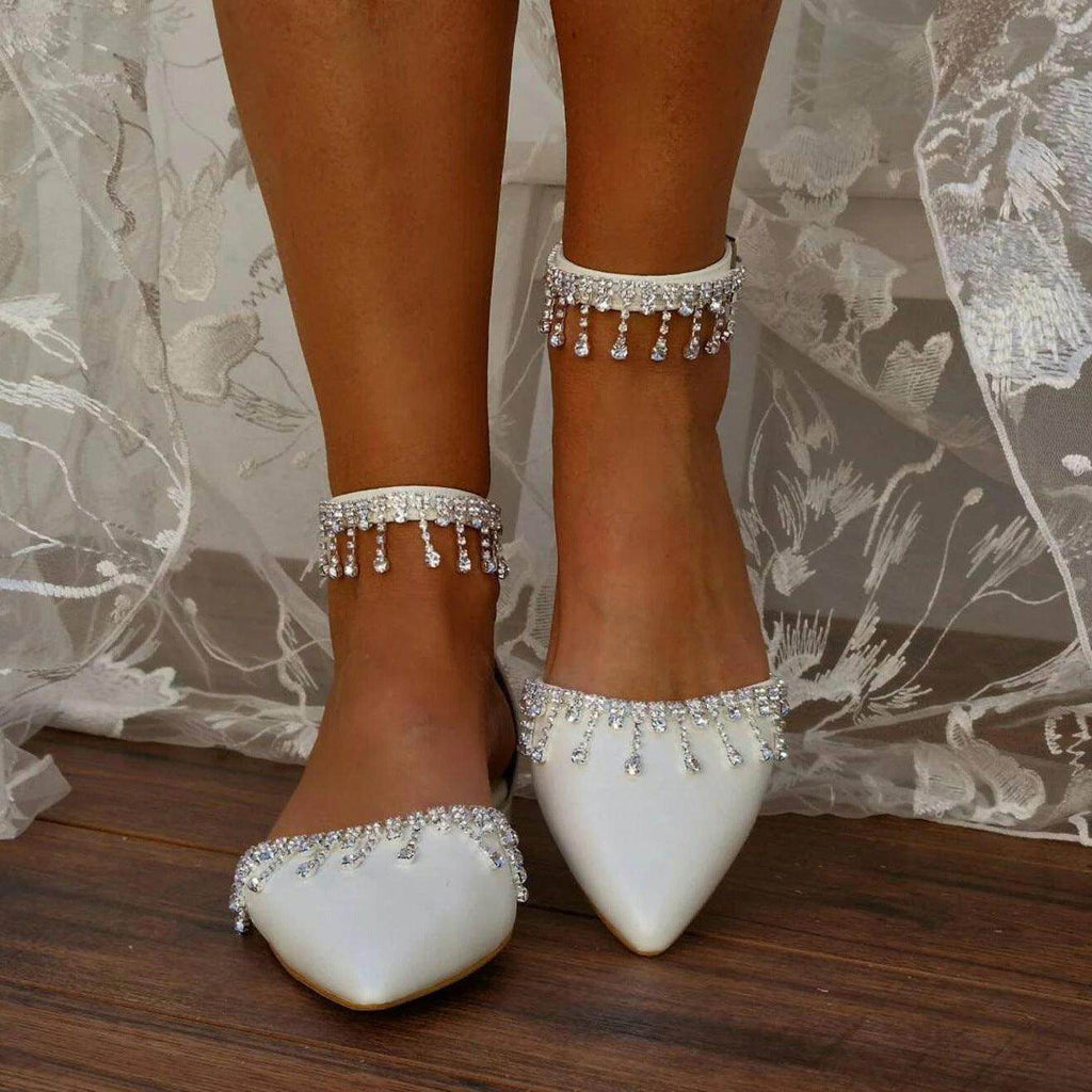 White Crystal Ankle Strap Pointy Flat Shoes 708270132734