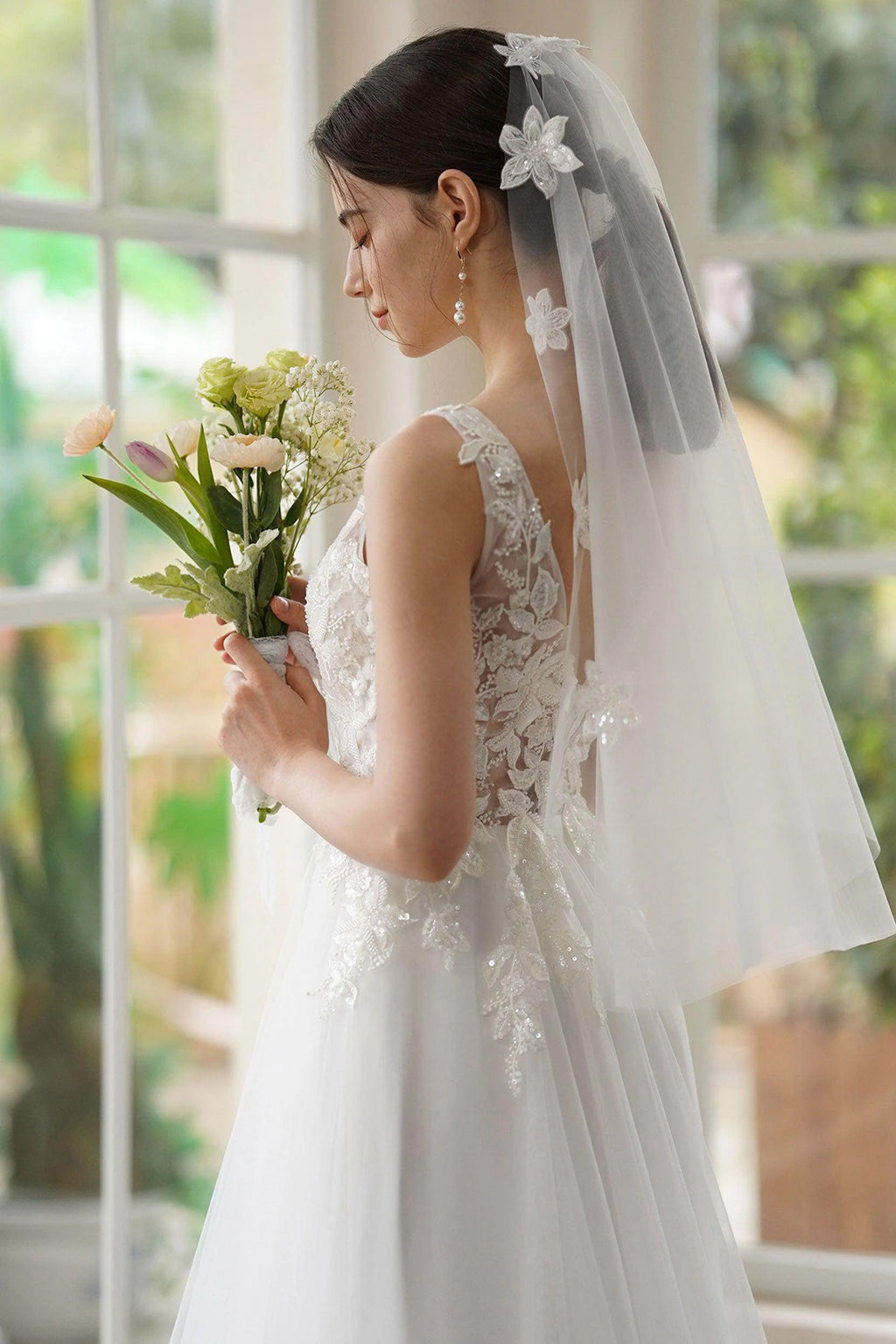 A-Line Sweep-Brush Train Lace Tulle Wedding Dress CW3306