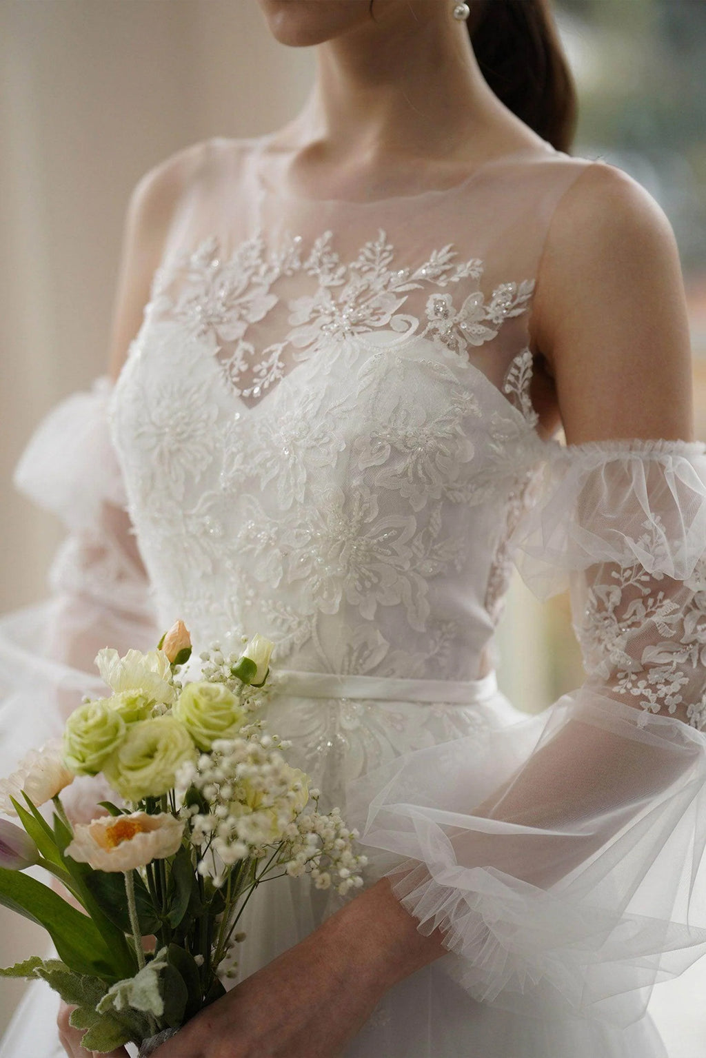 A-Line Sweep-Brush Train Lace Tulle Wedding Dress CW3309